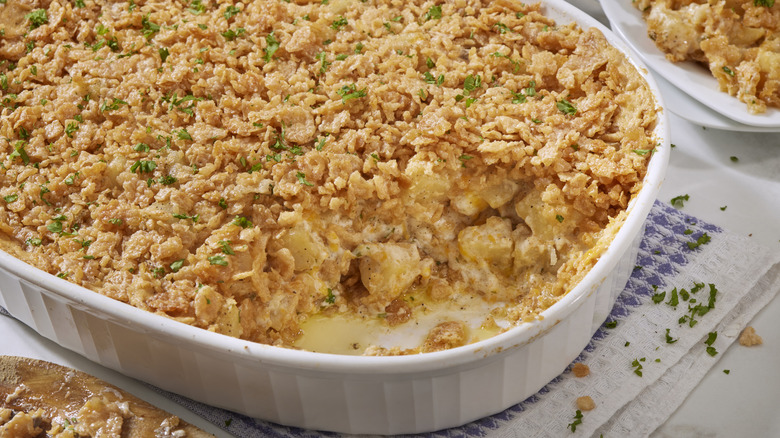 Funeral potatoes in a casserole dish