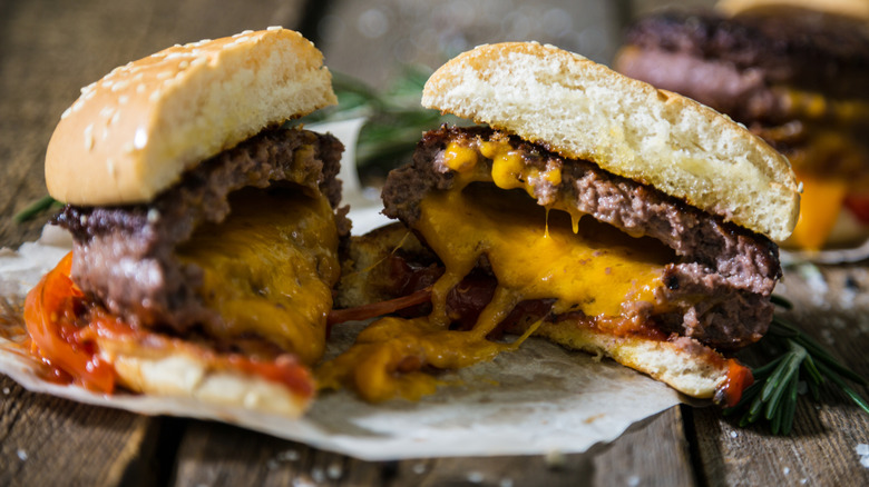 Juicy Lucy burger cut in half