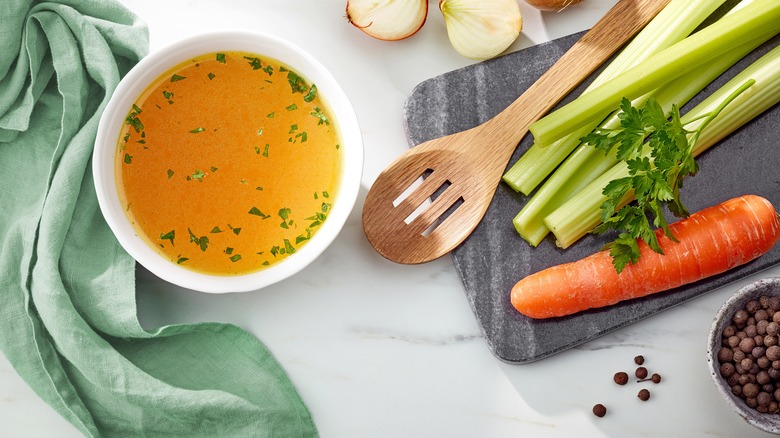 Bowl of chicken stock. 