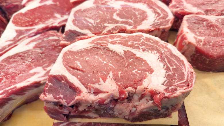 Ribeye steaks in a butcher display