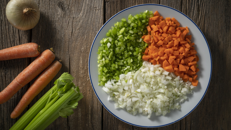 Chopped celery, onions, and carrots for a classic mirepoix
