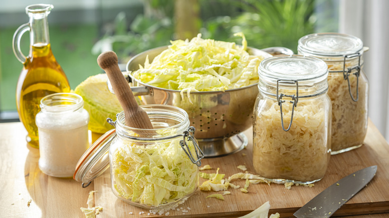 jars of sauerkraut on kitchen counter