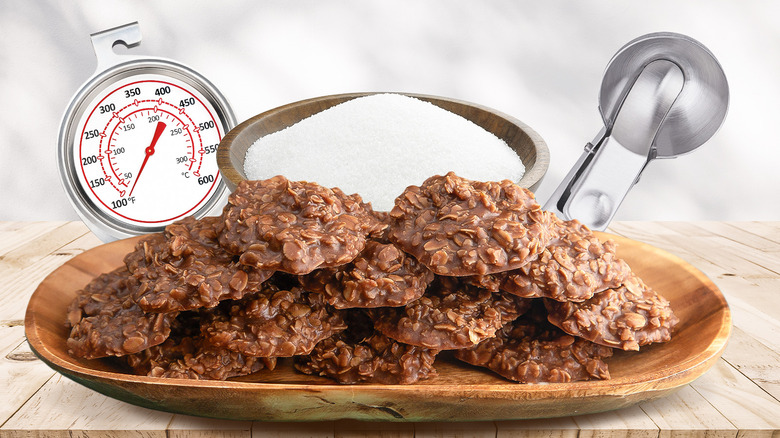 No-bake cookies with a thermometer and cookie scoop