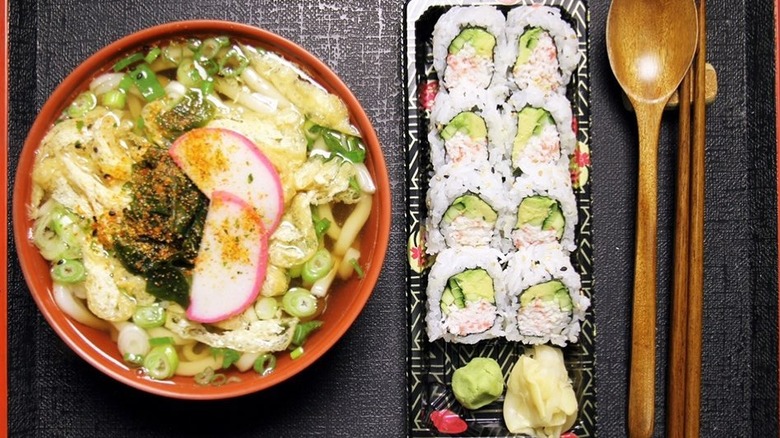 A California roll and udon noodle dish from Roll Roll Roll