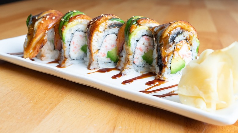 A specialty roll with crab, avocado, and eel from SushiStop