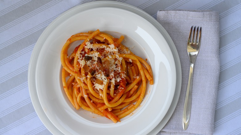 Roman Bucatini All'Amatriciana pasta on white plate