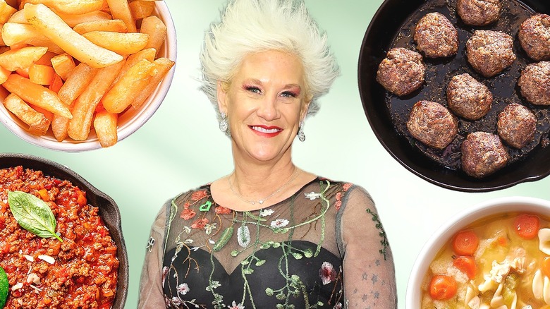 Anne Burrell famous chefs surrounded by delicious meals