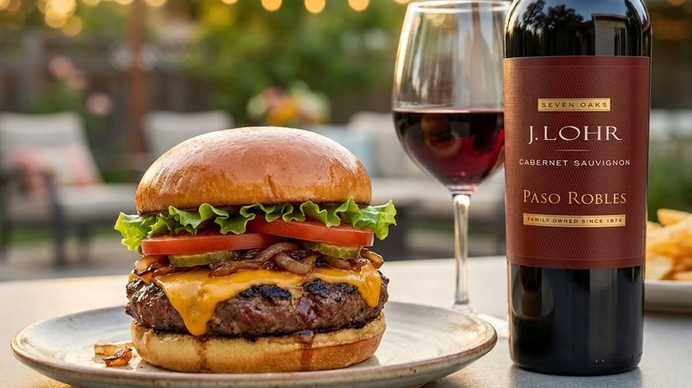 Bottle of J. Lohr next to a burger
