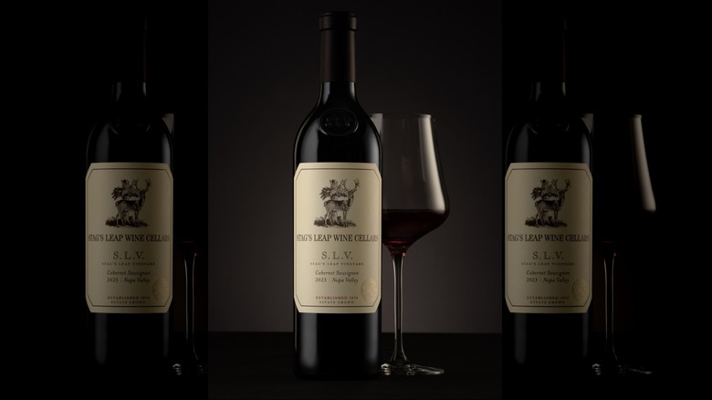 Bottle of 2023 S.L.V. Cabernet Sauvignon with glass