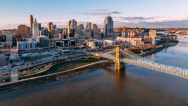 aerial view of downtown Cincinnati with bridge over river