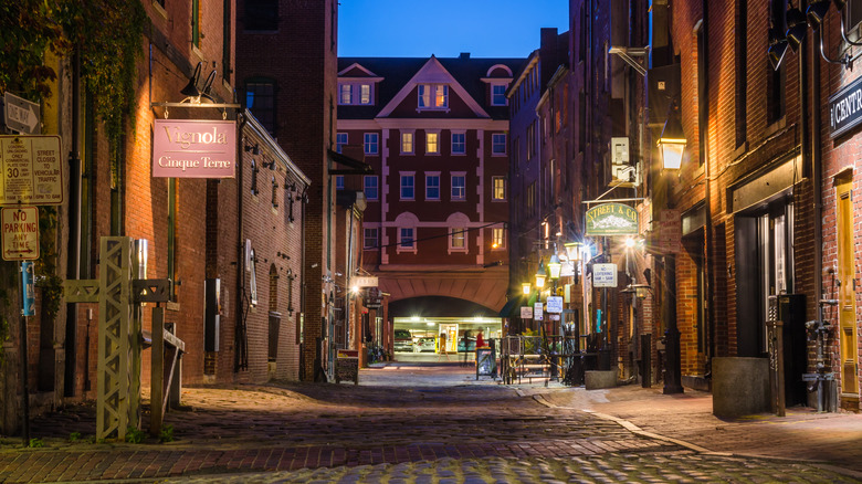 cobblestone street in Portland at night