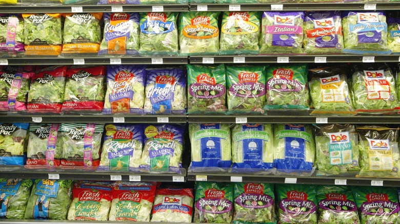 Bagged salad on a supermarket shelf