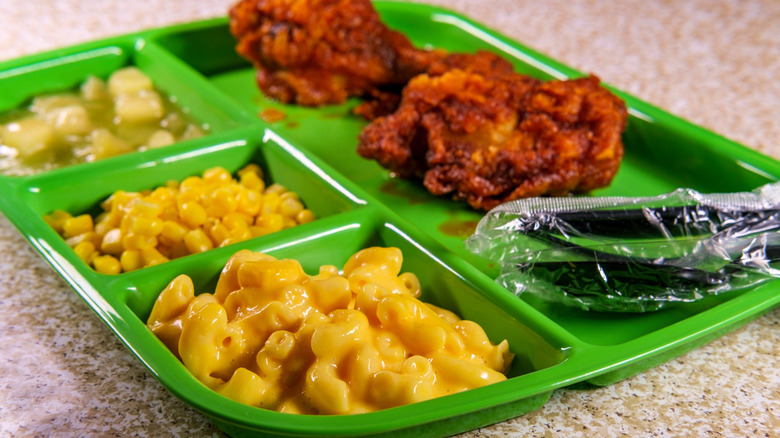 School lunch tray with mac and cheese and corn