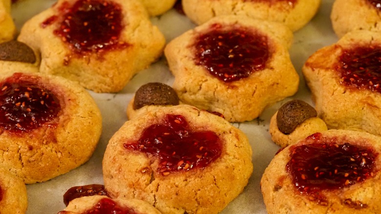 close-up of thumbprint cookies on a tray