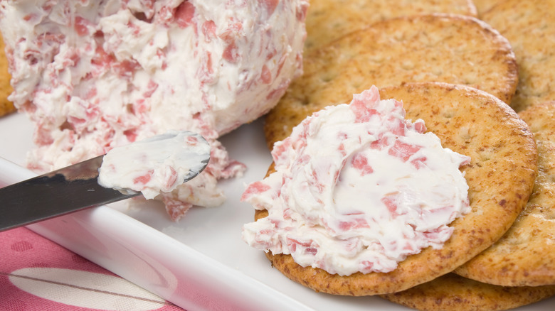 Chipped beef cheese ball on cracker