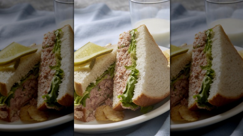 Deviled ham salad sandwich on white bread