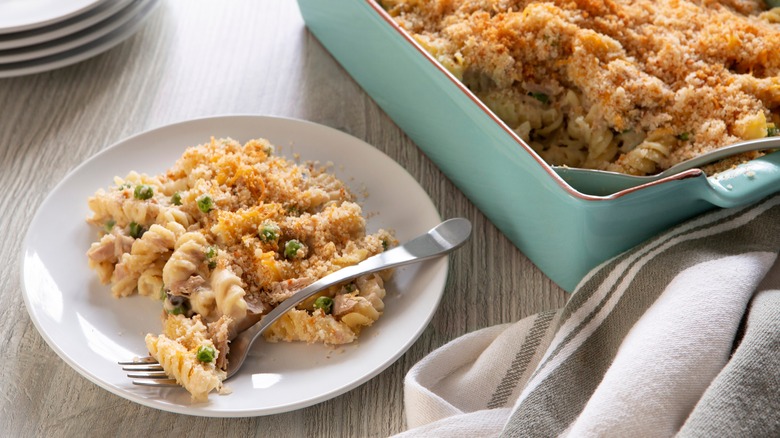 Pan of tuna noodle casserole