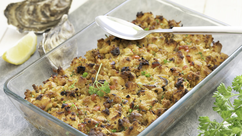 Southern-style oyster dressing in a serving dish