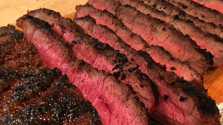 Sliced flat iron steak off the grill