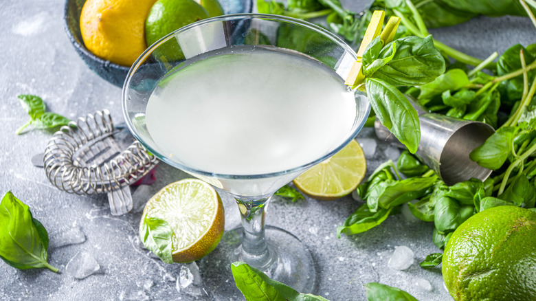 Martini with basil leaves