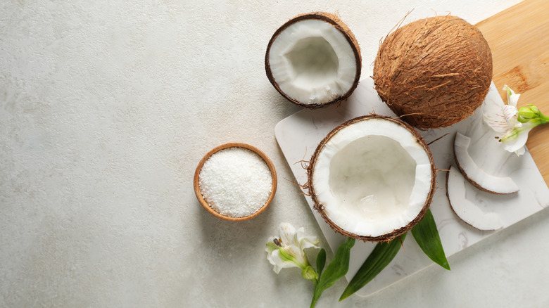 fresh and powdered coconut on marbled cutting board