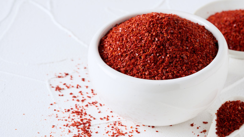 close-up shot of gochugaru on white background