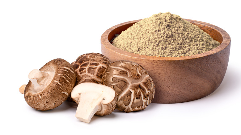 fresh and powdered mushrooms on white background