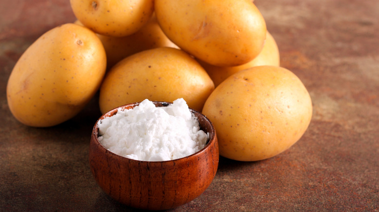 bowl of potato starch with fresh potatoes