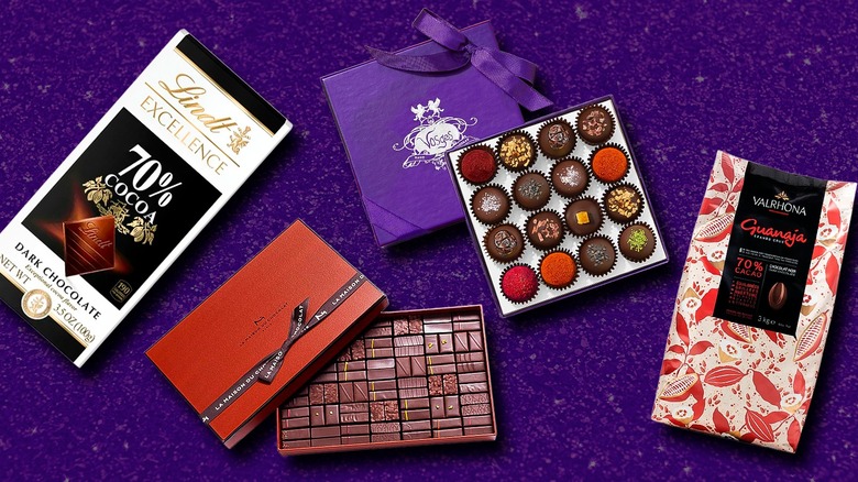 Assorted dark chcolate bars and boxes of truffles from premium brands