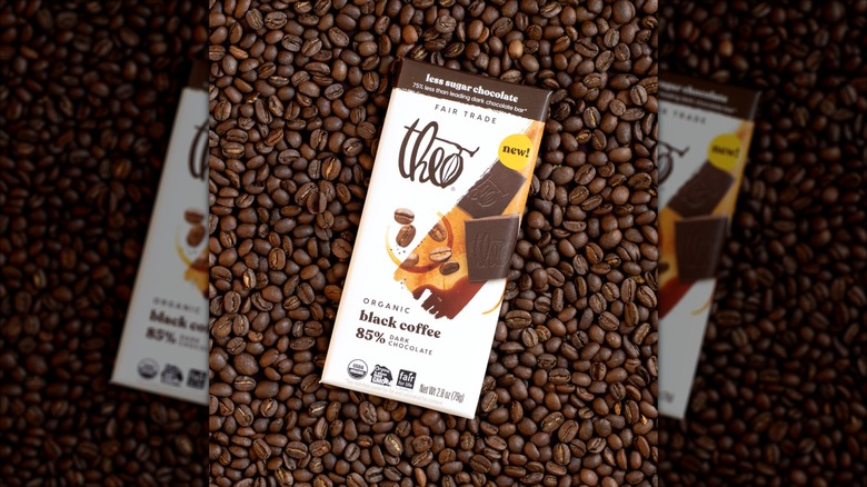 Bar of Theo dark chocolate with black coffee