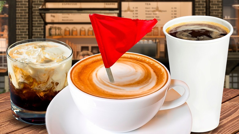Coffee with red flag floating on coffee shop background