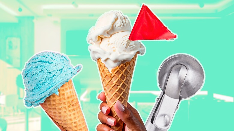 Ice cream scoops and scooper with red flag