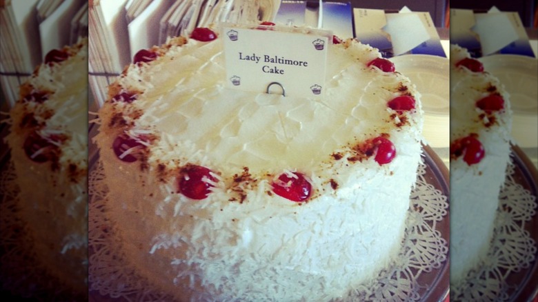 Lady Baltimore cake with sign
