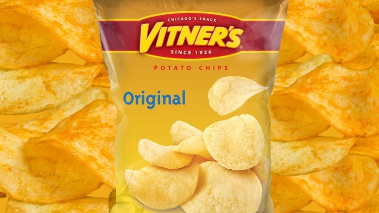 Bag of Vitner's Original Potato Chips on potato chip background