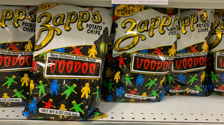 Bags of Zapp's Voodoo Potato Chips on display on store