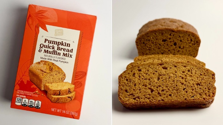 Baker's Corner pumpkin bread package and slices off of a baked loaf