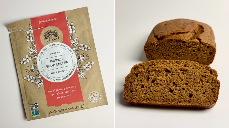CorEats pumpkin bread package and slices off of a baked loaf