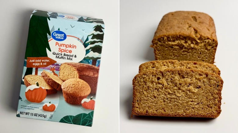 Great Value pumpkin bread package and slices off of a baked loaf
