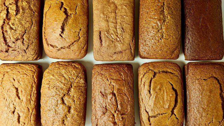 Two rows of whole pumpkin bread loaves
