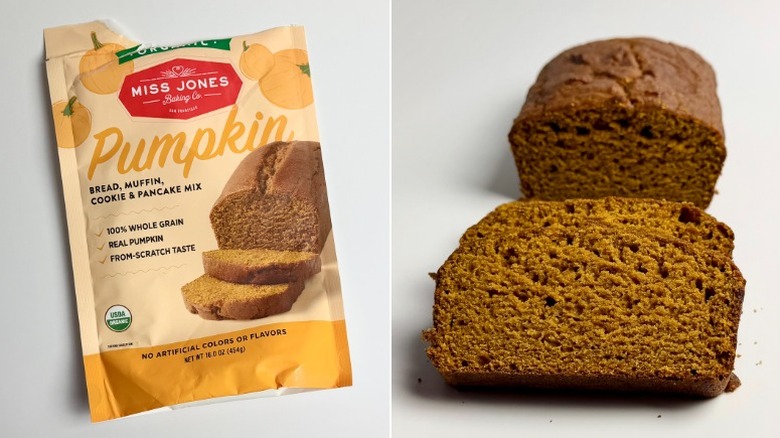 Miss Jones Baking Co pumpkin bread package and slices off of a baked loaf