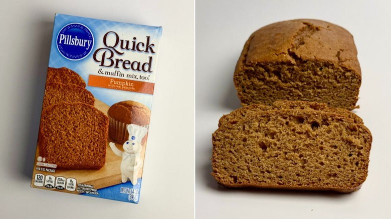 Pillsbury pumpkin bread package and slices off of a baked loaf