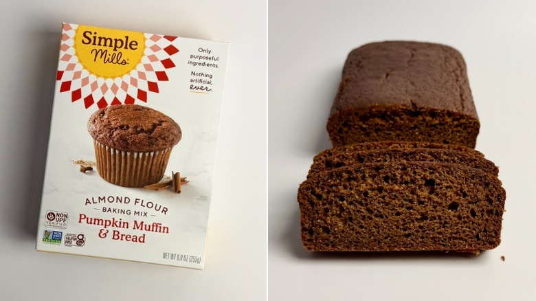 Simple Mills pumpkin bread package and slices off of a baked loaf