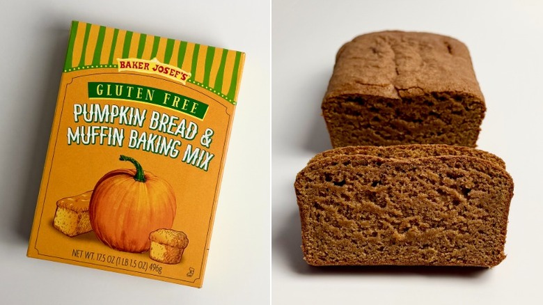 Trader Joe's pumpkin bread package and slices off of a baked loaf