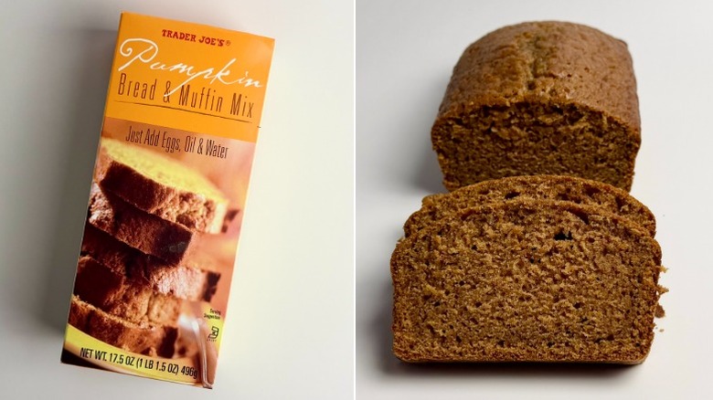 Trader Joe's pumpkin bread package and slices off of a baked loaf