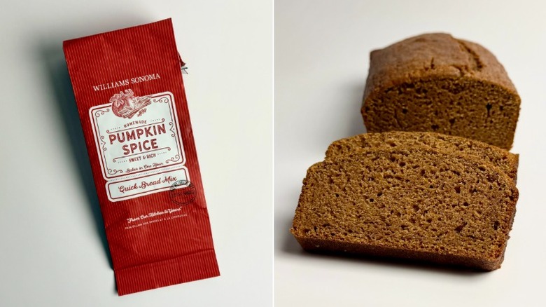 Williams Sonoma pumpkin bread package and slices off of a baked loaf