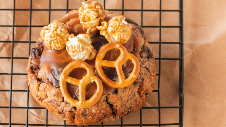 Cookies with salty topping on a cooling rack