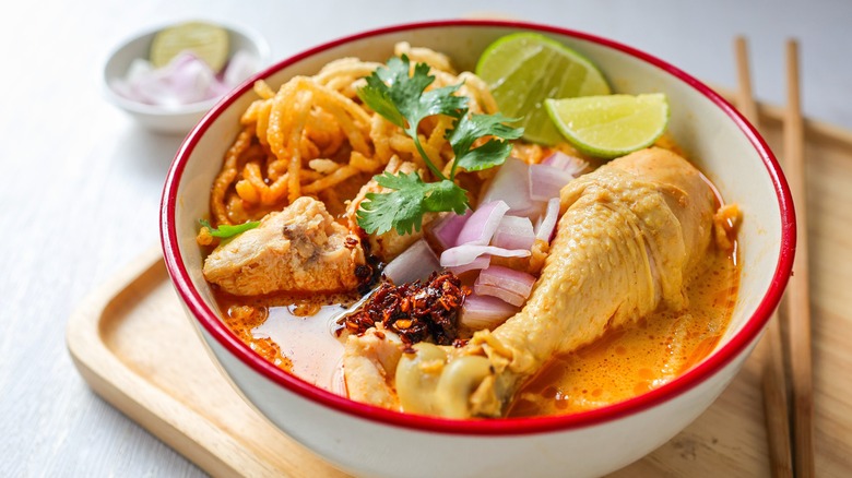 A bowl of khao soi noodles