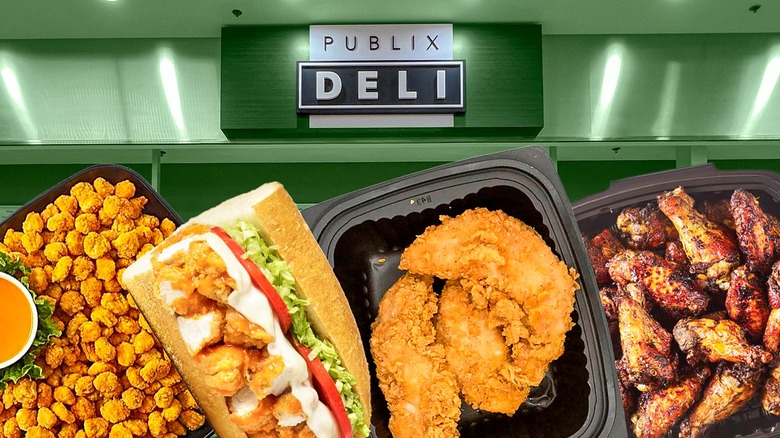 A collection of Publix popcorn chicken, Pub sub, chicken, and wings.