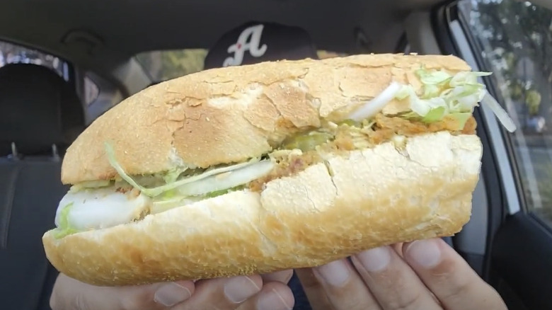 Close up of a Publix Hot Honey Chicken Tender Pub Sub