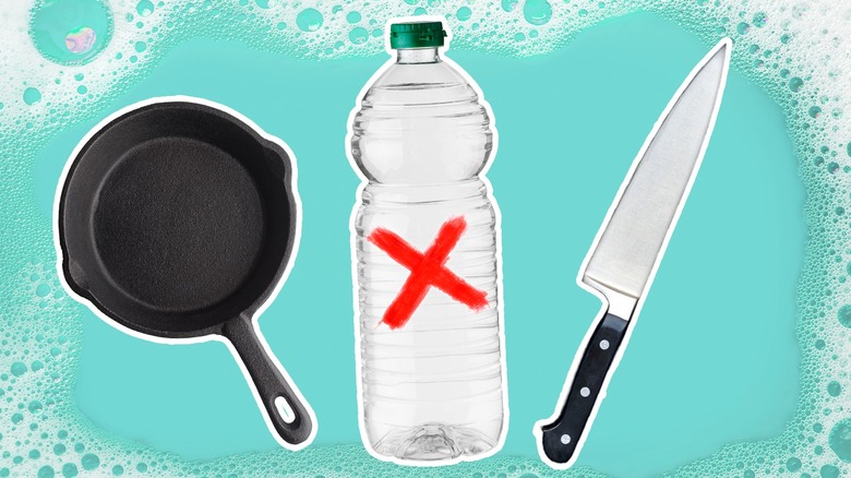 Products with vinegar on blue background